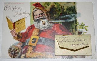 Vintage Christmas Postcard Santa Smoking His Pipe & Reading His List