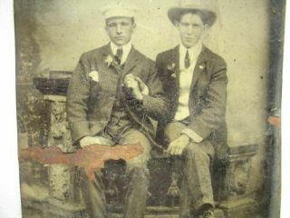 1860’s Tintype Photo 2 Young Men Holding Hands Flowers Gay Interest Antique Old