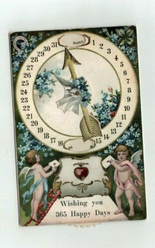 Antique Mechanical Years Post Card Winged Cherubs Perpetual Calendar