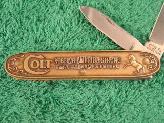 Vintage Colt Brass 2 Blade Pocket Knife " Keeping America Strong " Made In Usa
