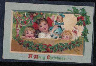 Antique Vintage Postcard A Merry Christmas Children - Doll 1911