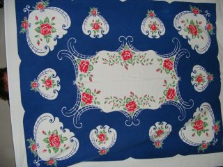 Vintage Rose Tablecloth White With Blue Border 52 " X 62 "