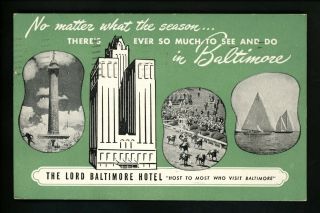 Maryland Md Postcard Baltimore,  The Lord Baltimore Hotel C1950