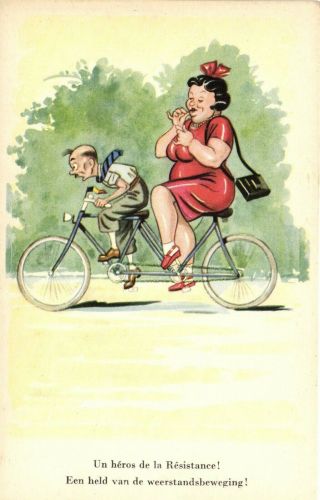 Comic Tandem Bicycle With Man And Fat Lady Artist Postcard