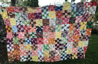 Vtg Quilt Top Handmade Patchwork 9 - Patch Triangle 58 " X 100 " Mixed Fabrics