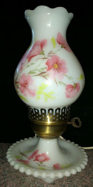 Vintage Hand Painted Milk Glass Hurricane Electric Lamp Pink Flowers 11 "