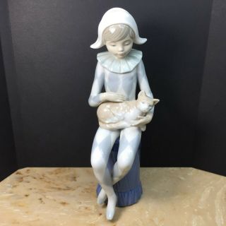 Extremely Rare Nao Lladro Figurine Boy Jester Petting Cat 9 " Retired