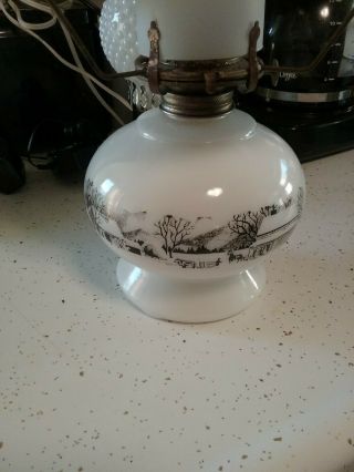 Vintage 1950 ' s Currier And Ives Hobnail Milk Glass Shade Oil Lamp Lantern 2