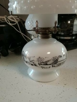 Vintage 1950 ' s Currier And Ives Hobnail Milk Glass Shade Oil Lamp Lantern 3