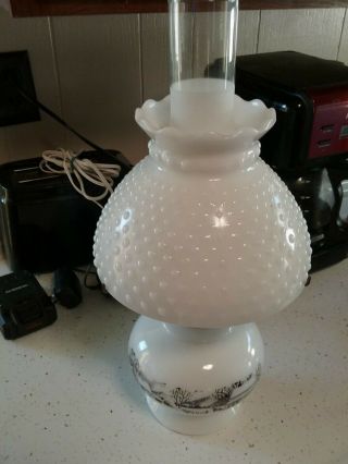 Vintage 1950 ' s Currier And Ives Hobnail Milk Glass Shade Oil Lamp Lantern 4