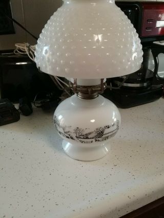 Vintage 1950 ' s Currier And Ives Hobnail Milk Glass Shade Oil Lamp Lantern 5