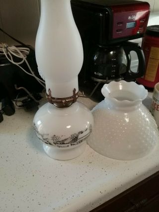 Vintage 1950 ' s Currier And Ives Hobnail Milk Glass Shade Oil Lamp Lantern 6