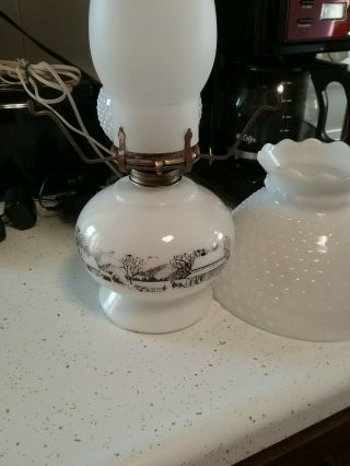 Vintage 1950 ' s Currier And Ives Hobnail Milk Glass Shade Oil Lamp Lantern 7