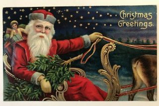 Red Robe Santa Claus In Sled With Tree Toys Antique Christmas Postcard - K23