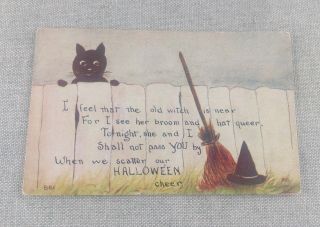 Halloween Cheer Antique Post Card Witch Black Cat Fa Owen Signed Mhs