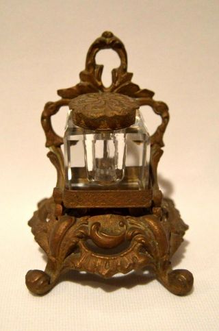 Vintage Crystal Glass Cube & Ornate Gilded Metal & Brass Stand Nouveau Inkwell