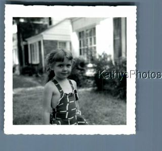 Found B&w Photo F,  5305 Girl In Dress Posed In Yard