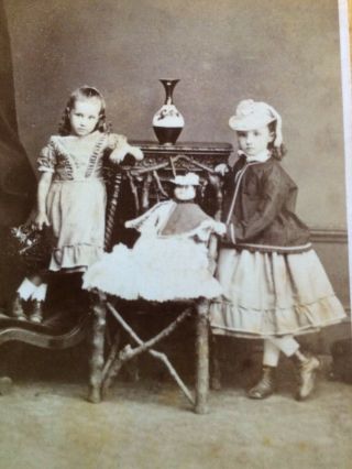 Charming Victorian Cdv Photo 2 Little Girls With Doll