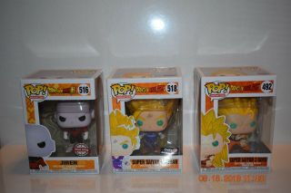 Saiyan 2 Gohan,  Jiren,  And Saiyan 3 Goku Funko Pops (box Dam)