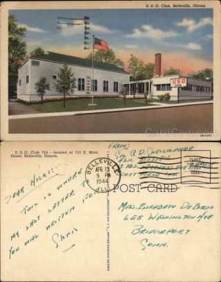 1944 Belleville,  Il U.  S.  O.  Club Teich St.  Clair County Illinois Uso Postcard