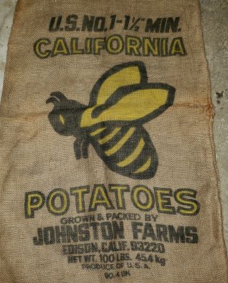 Vintage Vibrant Bee Advertising Johnston Farms California Burlap Sack