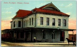 Ottawa,  Kansas Postcard Santa Fe Railroad Depot,  Trackside View C1910s