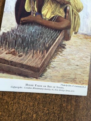 HINDU FAKIR ON A BED OF SPIKES.  EARLY LONDON MISSIONARY SOCIETY POSTCARD. 3