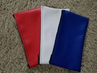 3 Pack (1 Red 1 White 1 Blue) Zippered Vinyl Like Bank Deposit Money Bags