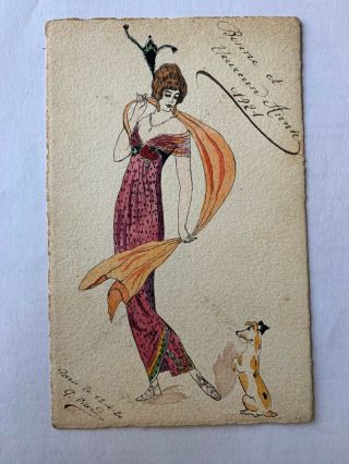 1920 Old Hand Painted Postcard Art Deco Elegant Woman With Hat And Dog