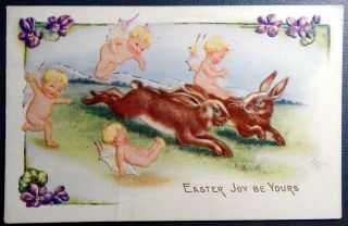 Postcard Easter Joy Be Yours Faries Chasing Running Rabbits Whitney Made