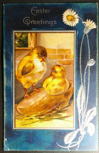 Postcard Easter Greetings - Chicks In Wood Shoe - Flowers 1907 Pfb Serie 6788