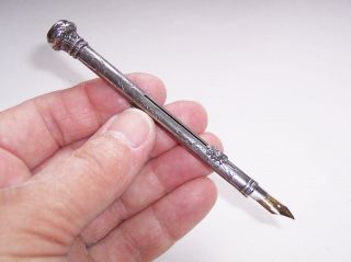 Vintage Combination Dip Pen & Mechanical Pencil Ornate White Metal & Agate Top