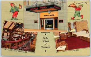 Cincinnati,  Ohio Postcard Palace Hotel Street View W/ Bar Interior Linen C1940s