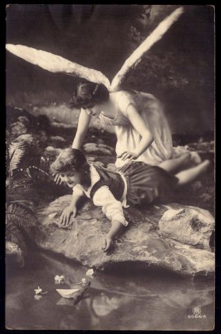 Old Real Photo Postcard.  Guardian Angel Protecting Child From Fall In River