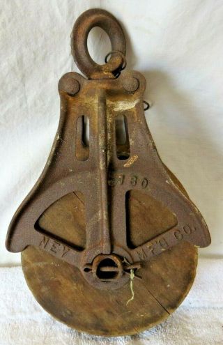 Vintage Antique Wood Cast Iron Pulley Ney Mfg Co 160 Block Tackle