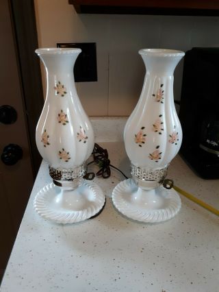 Vintage White Milk Glass Handpainted Chimney Electric Hurricane Lamp 13 " Set