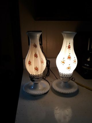 Vintage White Milk Glass Handpainted Chimney Electric Hurricane Lamp 13 
