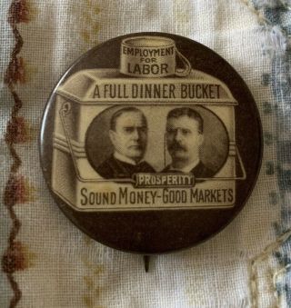 1900 Mckinley Roosevelt Full Dinner Bucket Jugate Pinback Campaign Button Pin