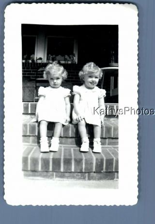 Found B&w Photo F,  3489 Little Girls In Dresses Sitting On Stairs