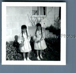 Found B&w Photo F,  5261 Girls In Dresses Posed By House