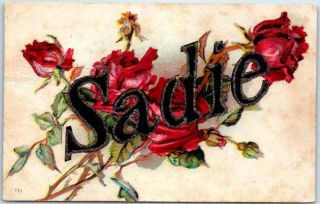 Vintage Large Letter Name Postcard " Sadie " W/ Glitter & Red Roses C1910s