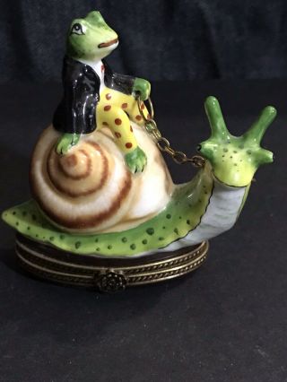 Limoges Box,  Hand Painted Frog Riding A Snail,  Limited 378/2500,  2.  75”,  312