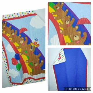 Baby Blanket Quilt Handmade Vintage Teddy Bears Rainbow Pride Hearts Flowers Red