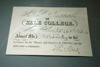 Antique Medical Institution Of Yale College Lecture Card 1843.  Rare