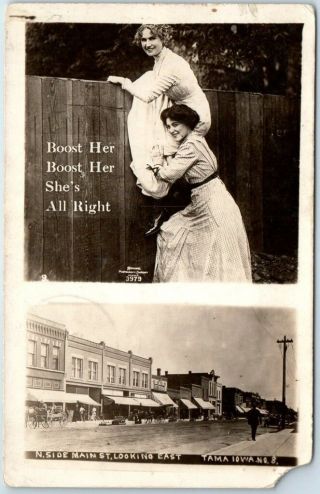 Tama,  Iowa Rppc Photo Postcard Main Street Scene W/ Girls Climbing Fence 1914