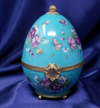 Limoges Peint Main Egg Trinket Box W/ Swarovski Crystal Perfume Bottle,  7 "