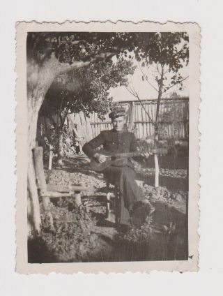 Young Man Portrait In Yard With Music Guitar Vintage Orig Photo (41382)