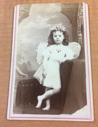 1870s Cdv Photo Little Girl Bare Feet Angel Wings Daisies Davis Sewing Machine