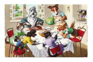 Alfred Mainzer Cat Postcard 4924 Dressed Cats & Dogs Family Chaos At The Table