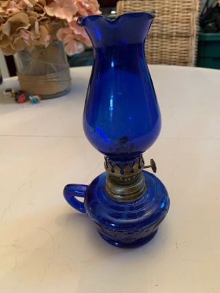 Antique Victorian Cobalt Blue Glass Finger Kerosene Oil Lamp Small 11 "